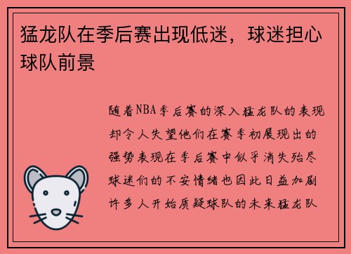 猛龙队在季后赛出现低迷，球迷担心球队前景