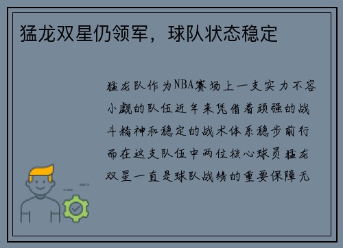 猛龙双星仍领军，球队状态稳定